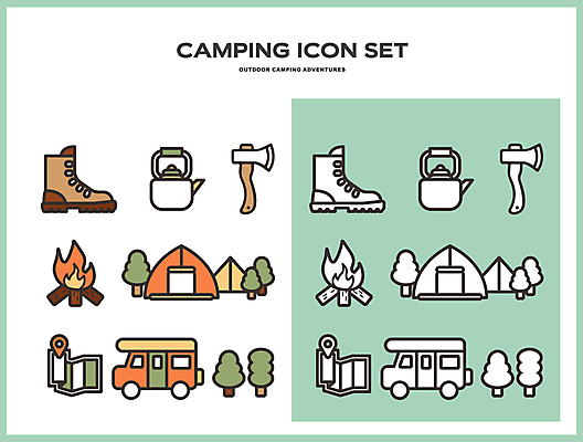 나무 아이콘 여행 지도 주전자 부츠 텐트 사람없음 초록색 소풍 캠핑 장비 탐험 모닥불 도끼 캠핑카 2D아이콘 AI파일 식물 컬러 신발 자동차 주방용품 불 레저 캠핑도구 야외활동 파일형식 벡터