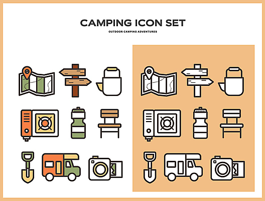 아이콘 여행 지도 의자 사람없음 소풍 주황색 캠핑 장비 탐험 표지판 삽 버너 물통 폴라로이드 캠핑카 2D아이콘 AI파일 컬러 가구 자동차 레저 알림판 야외활동 카메라 파일형식 벡터