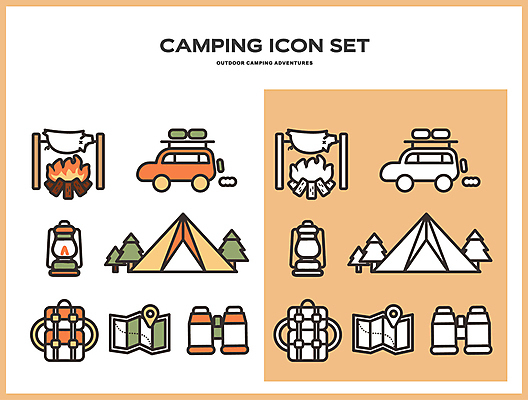아이콘 여행 지도 배낭 자동차 텐트 사람없음 소풍 주황색 쌍안경 캠핑 장비 탐험 랜턴 모닥불 2D아이콘 AI파일 육상교통 컬러 가방 불 레저 조명 캠핑도구 야외활동 망원경 파일형식 벡터