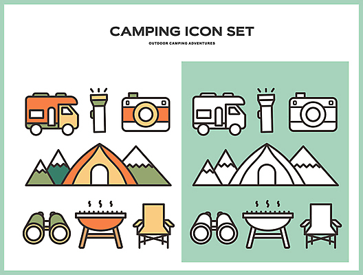아이콘 여행 산 텐트 사람없음 초록색 소풍 카메라 쌍안경 캠핑 장비 탐험 손전등 캠핑카 바베큐그릴 캠핑의자 2D아이콘 AI파일 컬러 의자 자동차 레저 조명 캠핑도구 전자제품 야외활동 망원경 그릴 바비큐 파일형식 벡터