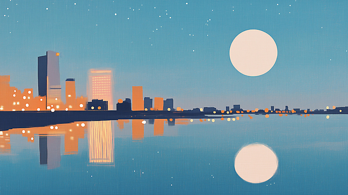 JPG 호수 야경 일러스트 밤하늘 빌딩 사람없음 파란색 빛 반사 보름달 달 도시 국내일러스트 AI일러스트 AI콘텐츠 자연요소 컬러 하늘 건물 야간 파일형식 풍경_경치