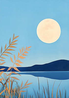 JPG 호수 야경 일러스트 밤하늘 갈대 사람없음 파란색 보름달 달 국내일러스트 AI일러스트 AI콘텐츠 자연요소 식물 컬러 하늘 야간 파일형식 풍경_경치