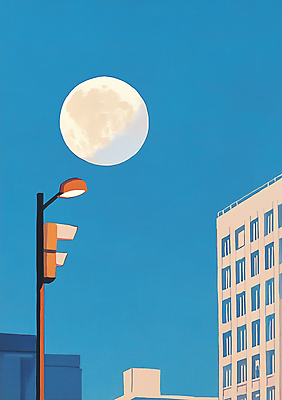 JPG 야경 가로등 일러스트 밤하늘 빌딩 사람없음 파란색 빛 보름달 달 도시 국내일러스트 AI일러스트 AI콘텐츠 자연요소 공공시설 컬러 하늘 건물 야간 파일형식 풍경_경치