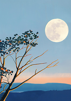 JPG 나무 야경 일러스트 밤하늘 사람없음 파란색 보름달 달 나뭇가지 국내일러스트 AI일러스트 AI콘텐츠 자연요소 식물 컬러 하늘 야간 파일형식 풍경_경치