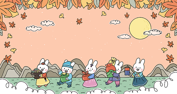 전신 PSD 구름 단풍 일러스트 산 들기 사람없음 걷기 추석 보름달 토끼 보자기 한복 토끼캐릭터 보따리 청사초롱 은행잎 송편 국내일러스트 자연요소 한국전통 명절 동물캐릭터 잎 포유류 모션 떡 반려동물 달 전통의상 초롱 파일형식 천_직물