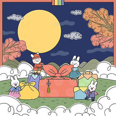 전신 PSD 나무 구름 여러마리 일러스트 단풍나무 산 선물 서기 사람없음 빨간색 파란색 추석 보름달 토끼 보자기 잡기 야간 한복 토끼캐릭터 보따리 국내일러스트 자연요소 식물 한국전통 명절 컬러 동물캐릭터 다수 단풍 포유류 모션 반려동물 달 전통의상 파일형식 천_직물