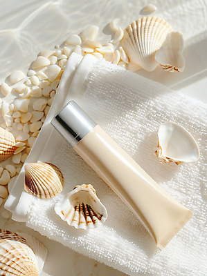 JPG 편집이미지 물결 조개 사람없음 여름 수건 햇빛 뷰티 화장품 선크림 로션 스킨케어 베이지색 튜브용기 목업 편집실사 AI포토 AI콘텐츠 계절 컬러 어패류 위생용품 태양 용기_그릇 CG 파일형식