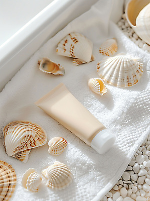 JPG 편집이미지 조개 사람없음 여름 수건 햇빛 뷰티 화장품 선크림 로션 스킨케어 베이지색 튜브용기 목업 편집실사 AI포토 AI콘텐츠 계절 컬러 어패류 위생용품 태양 용기_그릇 CG 파일형식