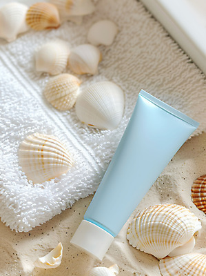 JPG 편집이미지 하늘색 조개 사람없음 여름 수건 뷰티 화장품 선크림 로션 스킨케어 튜브용기 목업 편집실사 AI포토 AI콘텐츠 계절 어패류 파란색 위생용품 용기_그릇 CG 파일형식