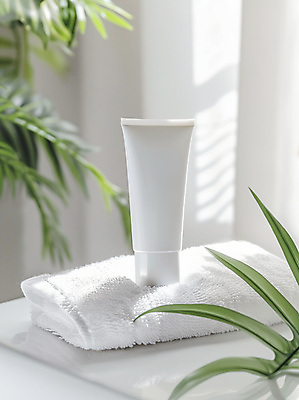 JPG 나무 편집이미지 나뭇잎 실내 사람없음 수건 햇빛 뷰티 화장품 선크림 로션 스킨케어 튜브용기 목업 편집실사 AI포토 AI콘텐츠 식물 잎 내부 위생용품 태양 용기_그릇 CG 파일형식