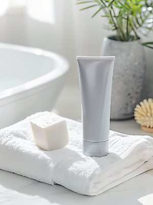 JPG 나무 편집이미지 나뭇잎 실내 사람없음 수건 햇빛 뷰티 화장품 회색 선크림 로션 스킨케어 튜브용기 목업 편집실사 AI포토 AI콘텐츠 식물 컬러 잎 내부 위생용품 태양 용기_그릇 CG 파일형식