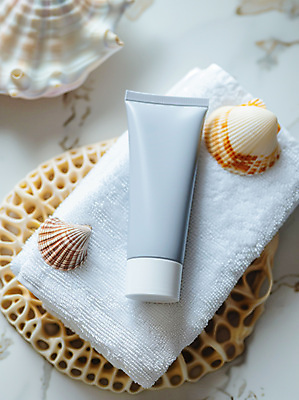JPG 편집이미지 조개 사람없음 여름 수건 뷰티 화장품 회색 선크림 로션 스킨케어 튜브용기 목업 편집실사 AI포토 AI콘텐츠 계절 컬러 어패류 위생용품 용기_그릇 CG 파일형식