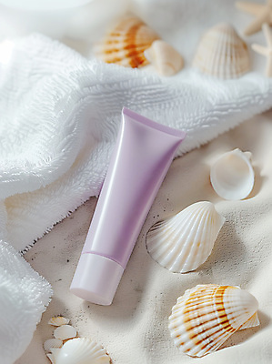 JPG 편집이미지 조개 사람없음 여름 수건 뷰티 보라색 화장품 선크림 로션 스킨케어 튜브용기 목업 편집실사 AI포토 AI콘텐츠 계절 컬러 어패류 위생용품 용기_그릇 CG 파일형식