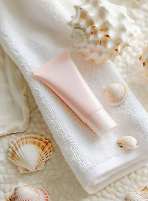 JPG 편집이미지 분홍색 조개 사람없음 여름 수건 뷰티 화장품 선크림 로션 스킨케어 튜브용기 목업 편집실사 AI포토 AI콘텐츠 계절 컬러 어패류 위생용품 용기_그릇 CG 파일형식