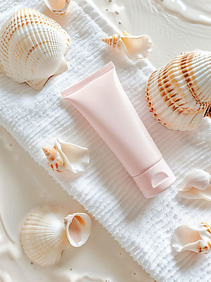 JPG 편집이미지 분홍색 조개 사람없음 여름 수건 뷰티 화장품 선크림 로션 스킨케어 튜브용기 목업 편집실사 AI포토 AI콘텐츠 계절 컬러 어패류 위생용품 용기_그릇 CG 파일형식