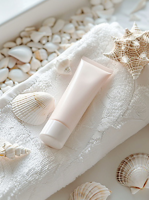 JPG 편집이미지 분홍색 조개 사람없음 여름 수건 뷰티 화장품 선크림 로션 스킨케어 튜브용기 목업 편집실사 AI포토 AI콘텐츠 계절 컬러 어패류 위생용품 용기_그릇 CG 파일형식