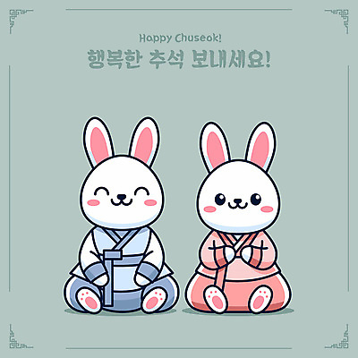 한국전통 전통 명절 행복 두마리 일러스트 앉기 사람없음 추석 귀여움 토끼 인사 한복 토끼캐릭터 명절인사 일러캐릭터 AI파일 캐릭터 기념일 감정 동물캐릭터 컨셉 2 포유류 모션 한국 반려동물 예절 전통의상 파일형식 벡터