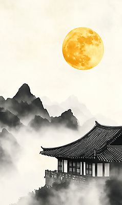 JPG 한국전통 명절 일러스트 붓터치 산 한옥 기와집 수묵화 풍경 사람없음 노란색 추석 가을풍경 검은색 보름달 가을 동양화 정월대보름 국내일러스트 AI일러스트 AI콘텐츠 전통 계절 기념일 컬러 고건축 한국 미술 달 파일형식 가을_계절