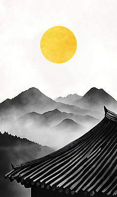 JPG 한국전통 명절 일러스트 붓터치 산 한옥 기와집 수묵화 풍경 사람없음 노란색 추석 가을풍경 검은색 보름달 가을 동양화 정월대보름 국내일러스트 AI일러스트 AI콘텐츠 전통 계절 기념일 컬러 고건축 한국 미술 달 파일형식 가을_계절