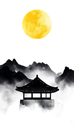 JPG 한국전통 명절 일러스트 붓터치 산 한옥 기와집 수묵화 풍경 사람없음 노란색 추석 가을풍경 검은색 보름달 가을 동양화 정월대보름 국내일러스트 AI일러스트 AI콘텐츠 전통 계절 기념일 컬러 고건축 한국 미술 달 파일형식 가을_계절