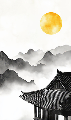 JPG 한국전통 명절 일러스트 붓터치 산 한옥 기와집 수묵화 풍경 사람없음 노란색 추석 가을풍경 검은색 보름달 가을 동양화 정월대보름 국내일러스트 AI일러스트 AI콘텐츠 전통 계절 기념일 컬러 고건축 한국 미술 달 파일형식 가을_계절