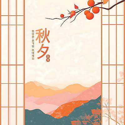 PSD 편집이미지 한국전통 전통 명절 나뭇잎 산 타이포그라피 사람없음 추석 가을 나뭇가지 감나무 편집소스 이미지편집 나무 문자 계절 기념일 잎 한국 감 파일형식