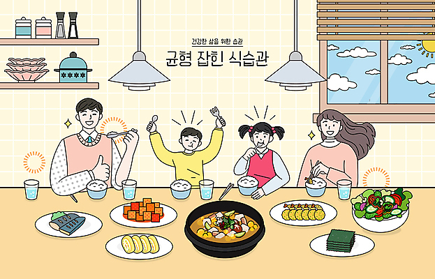 여자 남자 딸 아들 어린이 일러스트 밥 엄마 건강 미소 소녀 소년 여러명 성인 라이프 노란색 샐러드 최고 아빠 아침식사 깍두기 먹기 된장찌개 즐거움 생선구이 계란말이 습관 국내일러스트 AI파일 감정 한식 음식 컬러 다수 가족 모션 김치 표정 사람 생활 식사 계란요리 찌개 구이 생선요리 파일형식 벡터