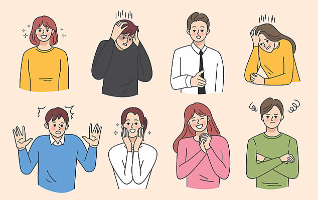 여자 남자 행복 분홍색 일러스트 악수 여러명 성인 팔짱 놀람 좌절 즐거움 충격 손모으기 불만 반가움 성인만 국내일러스트 AI파일 감정 컬러 다수 컨셉 모션 표정 사람 손짓 파일형식 벡터