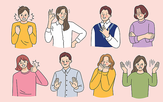 여자 남자 행복 분홍색 일러스트 여러명 성인 팔짱 놀람 최고 좌절 OK 거절 즐거움 충격 안심 불만 반가움 성인만 국내일러스트 AI파일 감정 컬러 다수 컨셉 모션 표정 육류 사람 손짓 파일형식 벡터