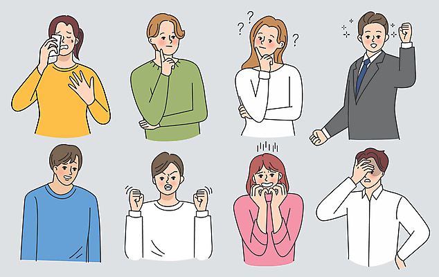 여자 남자 행복 일러스트 들기 여러명 성인 파이팅 턱괴기 놀람 회색 좌절 즐거움 손수건 충격 불만 반가움 성인만 국내일러스트 AI파일 감정 컬러 다수 컨셉 모션 표정 사람 파일형식 벡터