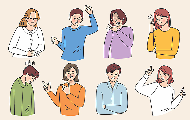 여자 남자 행복 일러스트 여러명 성인 팔짱 파이팅 놀람 고통 가리킴 좌절 즐거움 충격 불만 반가움 복통 성인만 국내일러스트 AI파일 감정 다수 컨셉 모션 표정 사람 손짓 질병 파일형식 벡터