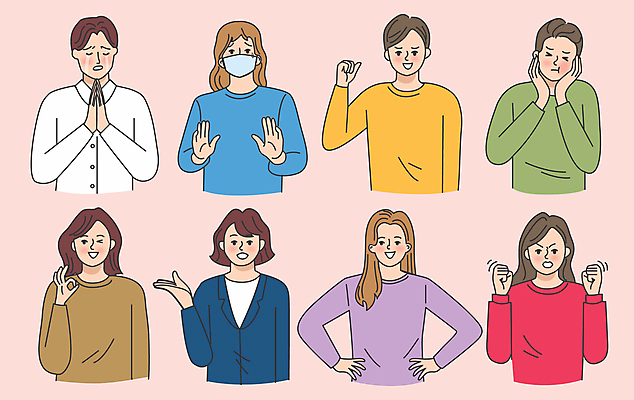 여자 남자 행복 분홍색 허리손 일러스트 마스크 여러명 성인 놀람 좌절 사죄 OK 즐거움 충격 손모으기 불만 반가움 성인만 국내일러스트 AI파일 감정 컬러 포즈 다수 컨셉 표정 사람 손짓 파일형식 벡터