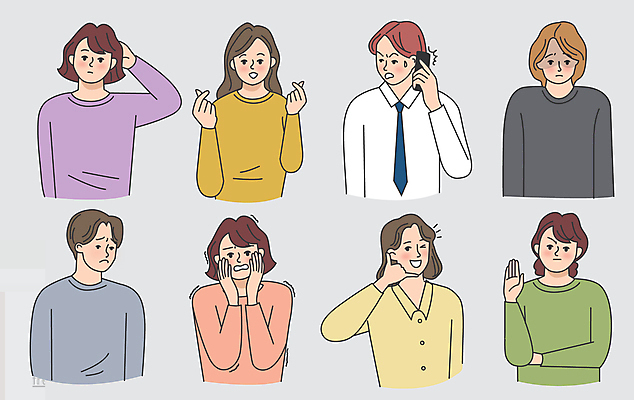 여자 남자 행복 일러스트 여러명 성인 스마트폰 놀람 회색 좌절 즐거움 충격 통화 불만 손하트 반가움 손전화 성인만 국내일러스트 AI파일 감정 컬러 다수 컨셉 모션 표정 사람 손짓 핸드폰 스마트기기 파일형식 벡터