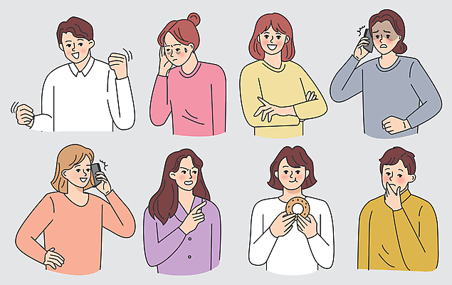 여자 남자 행복 일러스트 여러명 성인 스마트폰 팔짱 놀람 회색 좌절 도넛 즐거움 충격 통화 불만 반가움 성인만 국내일러스트 AI파일 감정 컬러 다수 컨셉 모션 디저트 표정 사람 핸드폰 스마트기기 파일형식 벡터