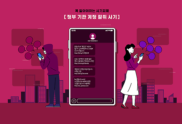 전신 문자 여자 남자 말풍선 일러스트 성인 두명 스마트폰 피해 속임수 범죄 접속 불법 사기꾼 정부 성인만 버건디 국내일러스트 AI파일 사람 빨간색 핸드폰 스마트기기 파일형식 벡터