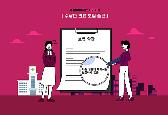 전신 여자 일러스트 돋보기 병원 성인 두명 놀람 피해 속임수 범죄 질병 계약서 보장 불법 사기꾼 서류판 약관 성인여자만 버건디 보험사기 국내일러스트 AI파일 감정 의학 표정 사람 빨간색 사무용품 여자만 성인만 파일형식 벡터