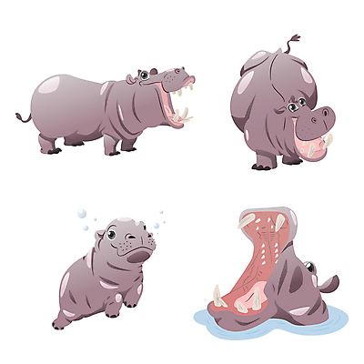 동물캐릭터 일러스트 동물원 사람없음 세트 귀여움 만화 하마 애니메이션 일러캐릭터 AI파일 동물 캐릭터 컨셉 포유류 파일형식 벡터