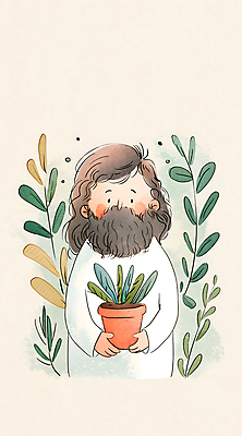 JPG 남자 기독교 화분 잎 일러스트 수채화 한명 미소 들기 상반신 성인 평화 예수 하나님 성인남자한명만 국내일러스트 AI일러스트 AI콘텐츠 식물 1 종교 컨셉 모션 표정 사람 신_종교 남자한명만 성인남자만 파일형식