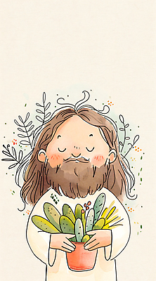 JPG 남자 기독교 화분 잎 일러스트 수채화 한명 미소 들기 상반신 성인 평화 예수 하나님 성인남자한명만 국내일러스트 AI일러스트 AI콘텐츠 식물 1 종교 컨셉 모션 표정 사람 신_종교 남자한명만 성인남자만 파일형식