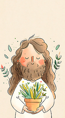 JPG 남자 기독교 화분 잎 일러스트 수채화 한명 미소 상반신 성인 평화 예수 하나님 성인남자한명만 국내일러스트 AI일러스트 AI콘텐츠 식물 1 종교 컨셉 표정 사람 신_종교 남자한명만 성인남자만 파일형식