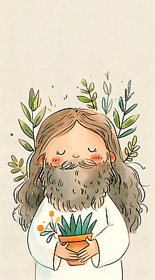 JPG 남자 기독교 화분 잎 일러스트 수채화 한명 미소 상반신 성인 평화 눈감음 예수 하나님 성인남자한명만 국내일러스트 AI일러스트 AI콘텐츠 식물 1 종교 컨셉 모션 표정 사람 신_종교 남자한명만 성인남자만 파일형식