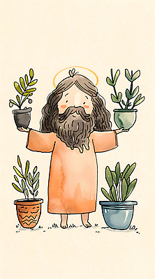 JPG 전신 남자 기독교 화분 잎 일러스트 수채화 한명 미소 들기 성인 평화 예수 하나님 성인남자한명만 국내일러스트 AI일러스트 AI콘텐츠 식물 1 종교 컨셉 모션 표정 사람 신_종교 남자한명만 성인남자만 파일형식