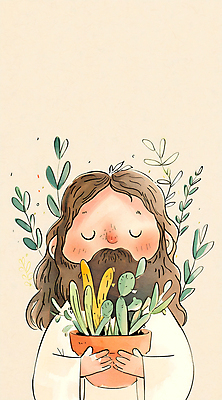 JPG 남자 기독교 화분 잎 일러스트 수채화 한명 미소 상반신 성인 평화 눈감음 예수 하나님 성인남자한명만 국내일러스트 AI일러스트 AI콘텐츠 식물 1 종교 컨셉 모션 표정 사람 신_종교 남자한명만 성인남자만 파일형식