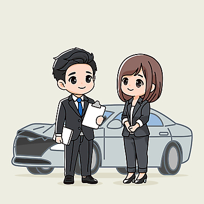 전신 여자 남자 일러스트 비즈니스 자동차 협상 들기 정장 성인 두명 마주보기 사건 문서 보험 서류판 성인만 일러캐릭터 AI파일 캐릭터 옷 육상교통 모션 사람 사무용품 파일형식 벡터