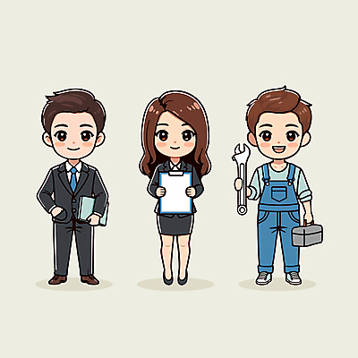 전신 여자 남자 일러스트 비즈니스 들기 정장 성인 세명 스패너 문서 주머니손 정비공 보험 서류판 자동차엔지니어 성인만 일러캐릭터 AI파일 캐릭터 옷 모션 사람 사무용품 공구 기술자 엔지니어 파일형식 벡터