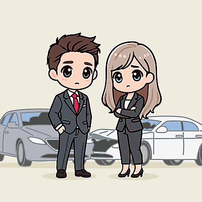 전신 여자 남자 일러스트 비즈니스 자동차 협상 정장 성인 두명 팔짱 사건 보험 충돌사고 성인만 일러캐릭터 AI파일 캐릭터 옷 육상교통 모션 사람 파일형식 벡터