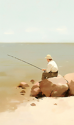 JPG 남자 일러스트 자연 낚시 한명 풍경 성인 모래사장 가을 낚싯대 고독 베이지색 성인남자한명만 국내일러스트 AI일러스트 AI콘텐츠 1 계절 감정 바다 컬러 레저 사람 낚시용품 생태계 남자한명만 성인남자만 파일형식