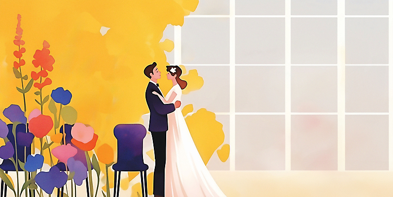 JPG 전신 부부 여자 남자 꽃 신부 웨딩드레스 신랑 의자 일러스트 창문 포옹 결혼식 사랑 정장 성인 두명 노란색 마주보기 가을 성인만 스몰웨딩 국내일러스트 AI일러스트 AI콘텐츠 식물 커플 드레스 옷 계절 감정 컬러 가구 결혼 안기 모션 사람 파일형식