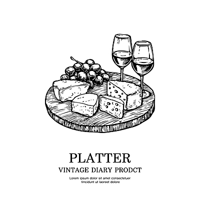 와인잔 과일 일러스트 포도 치즈 도마 사람없음 라벨 와인 빈티지 스케치 심볼 라인아트 판화 국내일러스트 AI파일 선 컨셉 술잔 주방용품 유제품 프레임 주류 미술 파일형식 벡터