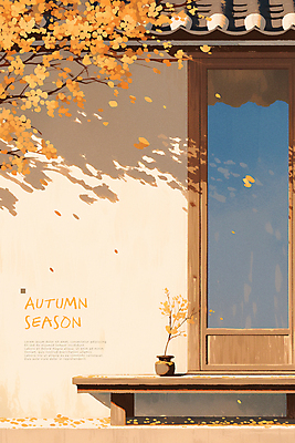 PSD 나무 포스터 낙엽 일러스트 자연 한옥 풍경 사람없음 산책 가을 시골 베이지색 카피스페이스 국내일러스트 식물 한국전통 계절 컬러 고건축 잎 휴식 공백 생태계 파일형식